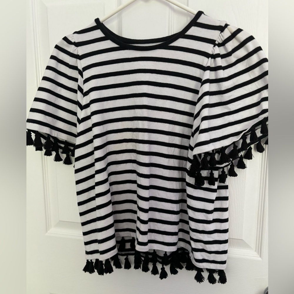 Kate Spade Black and White Stripe Puff Sleeve Tassel Top